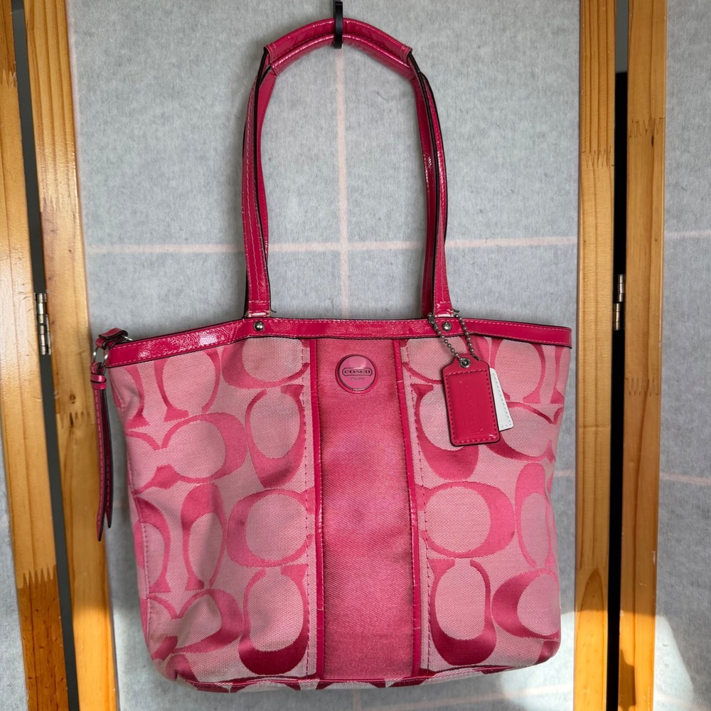 Coach Signature Stripe C Logo Satchel Bag Medium Pink Canvas Patent Y2K F21950